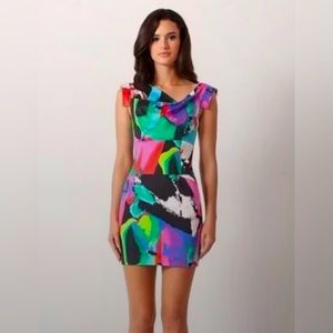 EUC. Black Halo Brightly Colored Jackie O Sheath Dress. Size 8.